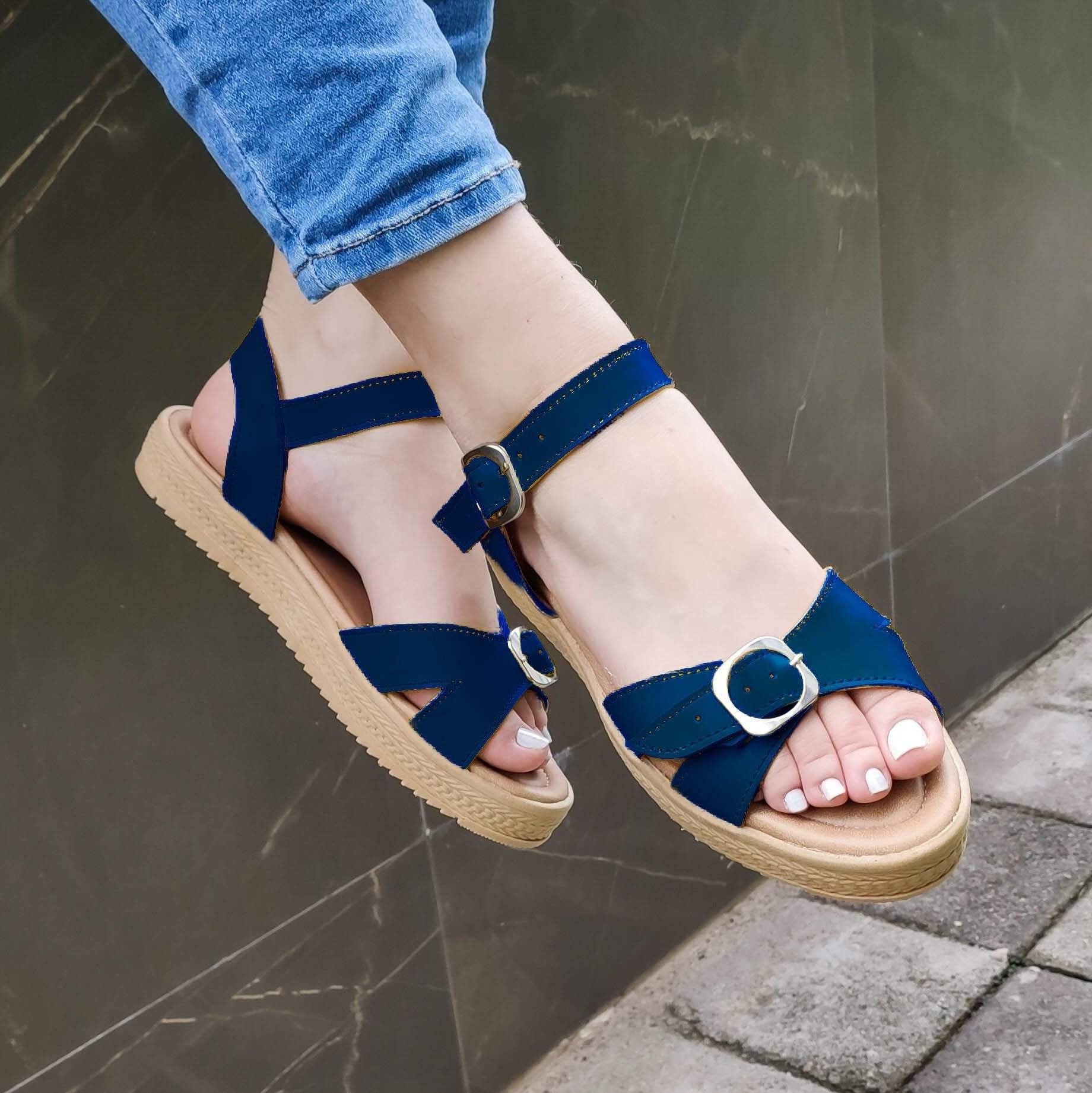 Sandalias Bajas Con Faja Cruzada Delantera Decorado Una Hebilla Frontal Azul / 35 Normal Zapatos