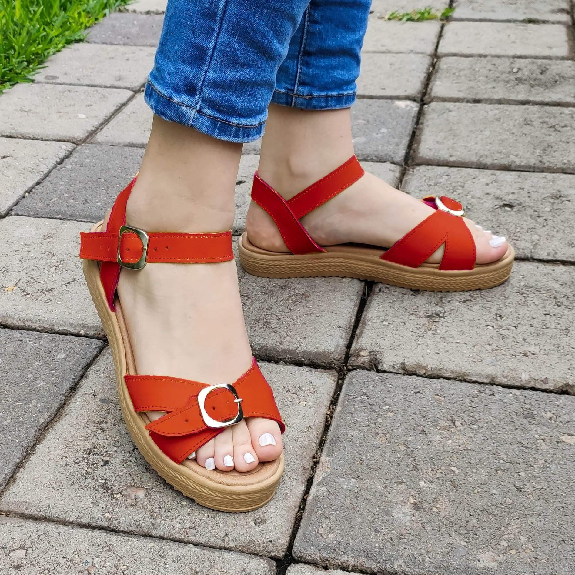 Sandalias Bajas Con Faja Cruzada Delantera Decorado Una Hebilla Frontal Rojo / 35 Normal Zapatos