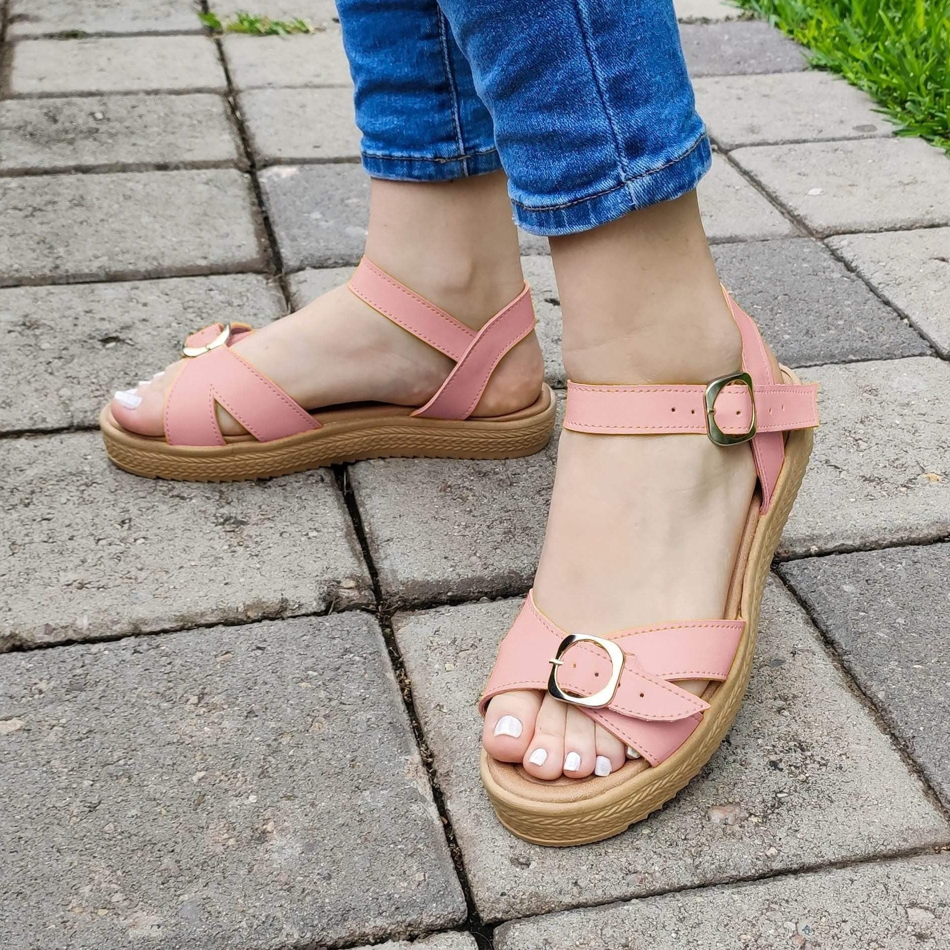 Sandalias Bajas Con Faja Cruzada Delantera Decorado Una Hebilla Frontal Rosado / 35 Normal Zapatos