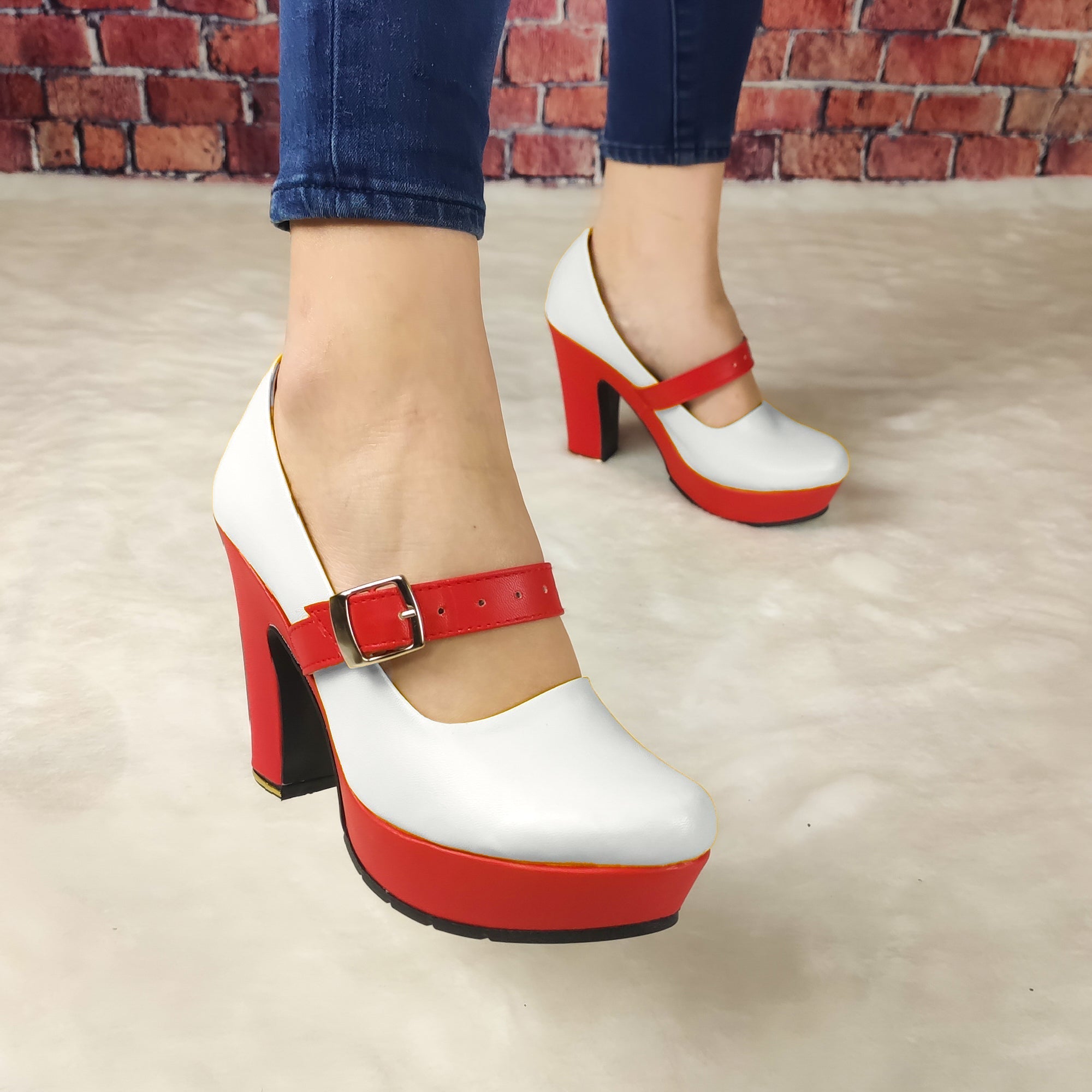 Tacon De Dos Colores Combinados En Rojo Blanco / 35 Normal Zapatos Altos