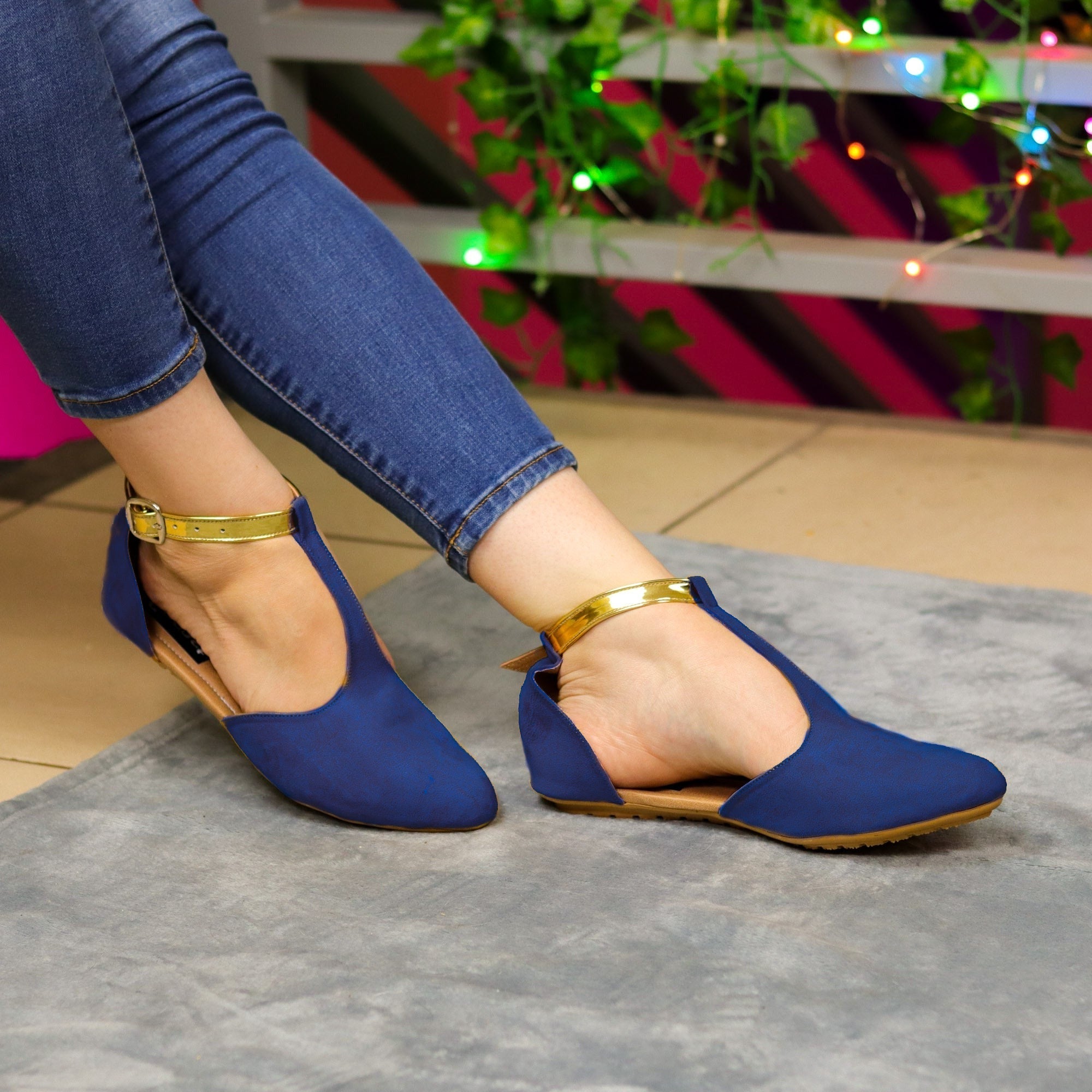 Elegantes Flats Semi Abierta Con Faja Ajustable En Color Dorado. Azul / 35 Normal Zapatos Bajitos